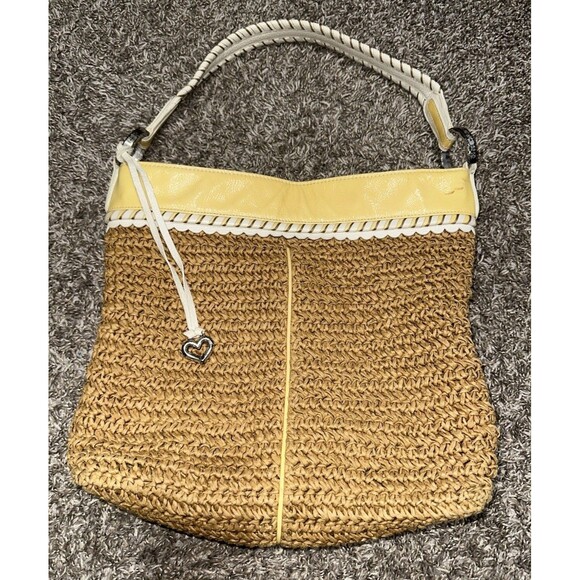 Brighton Woven Straw Shoulder Bag Yellow Patent Leather  Tote Heart Charm - Picture 1 of 12